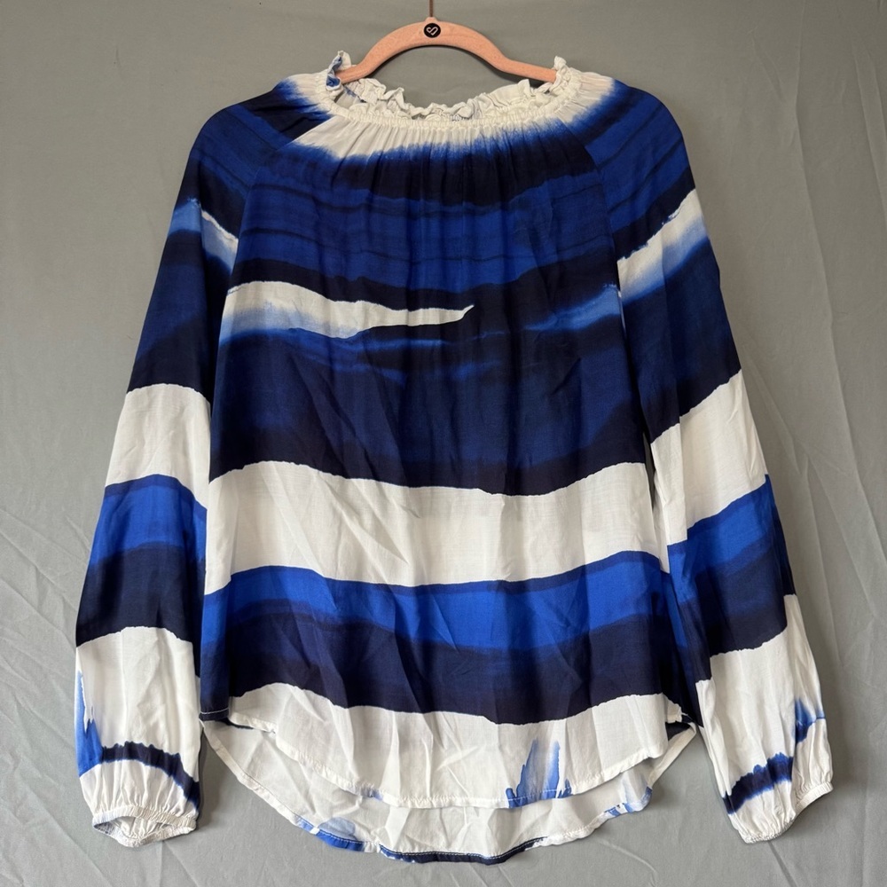 Bella Dahl Womens Coastal Striped Blouse Size XS Navy White Elastic Trim Office